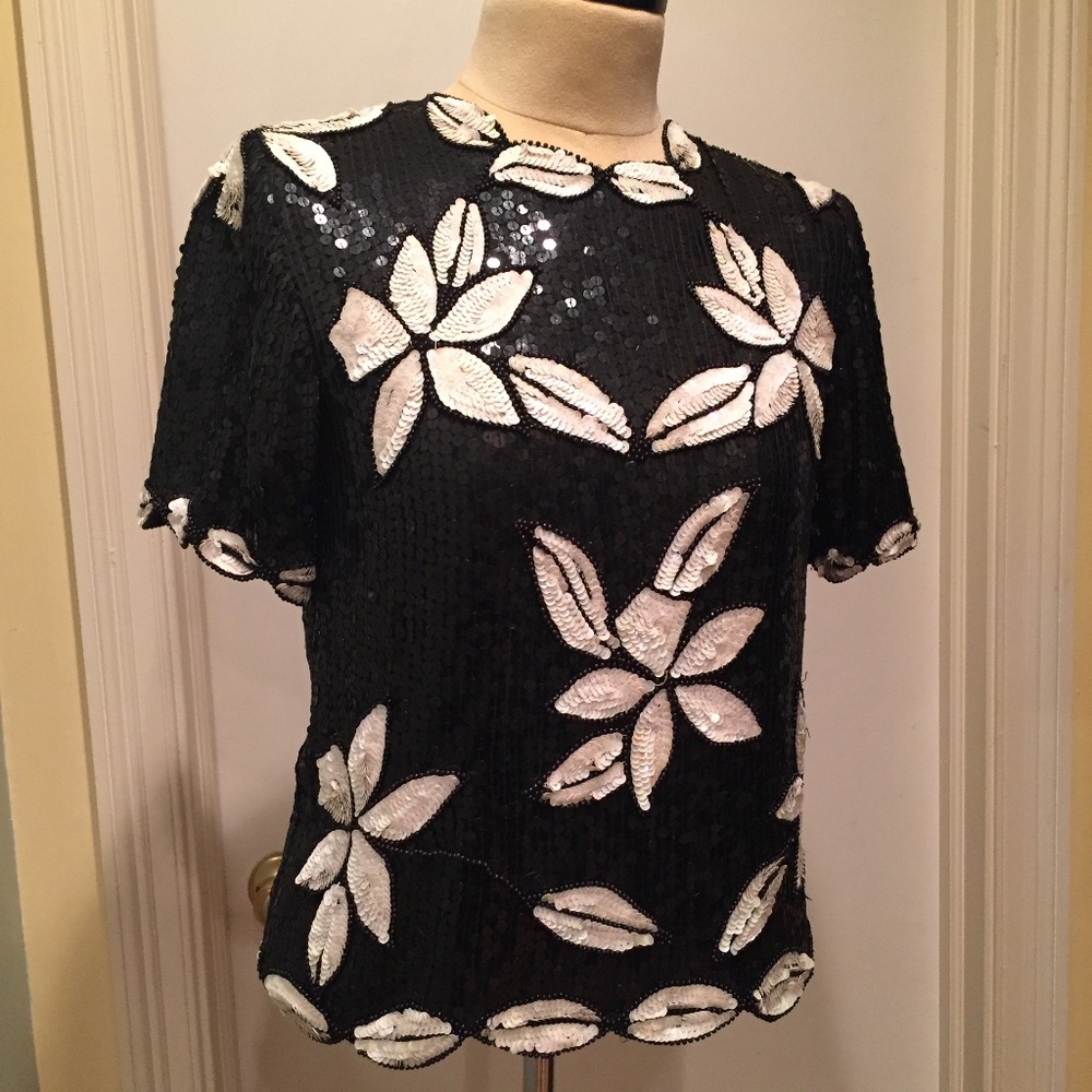 Stenay Black & White Sequin Short Sleeve Top S